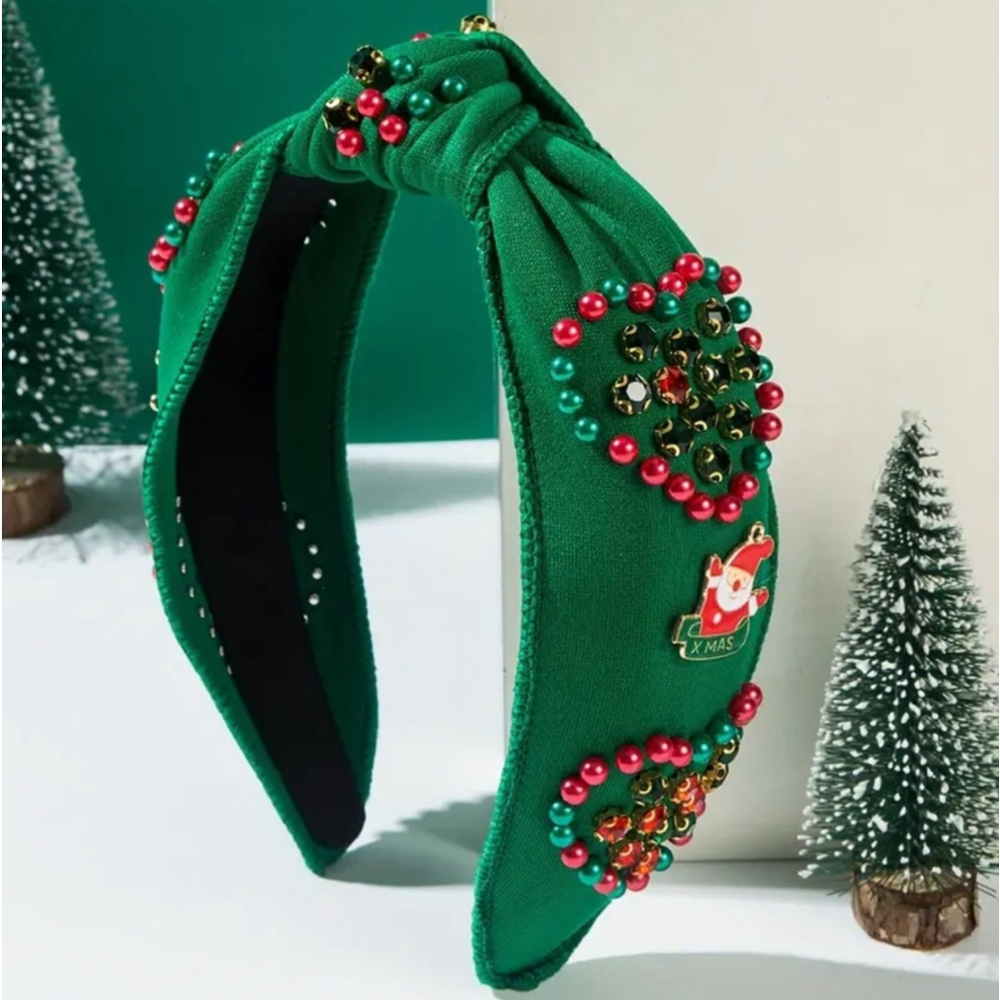 Christmas Heart Beaded Top Knot Headband with Santa Charms and Rhinestone